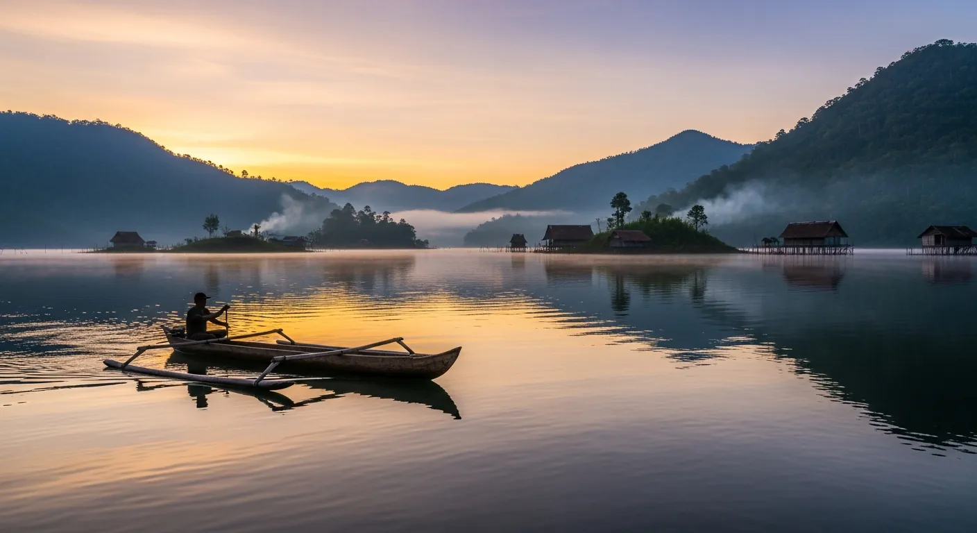 Boat on Lake Sentani at sunrise, Papua